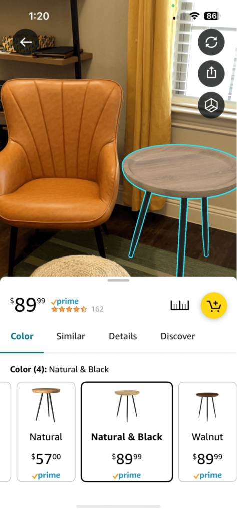 Augmented reality feature on Amazon site allowing showings to move around the table and change colors 