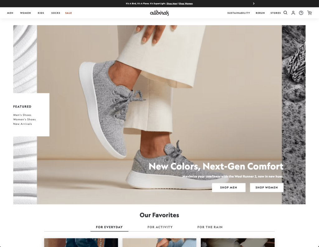 Allbirds ecommerce website using Shopify ecommerce platform