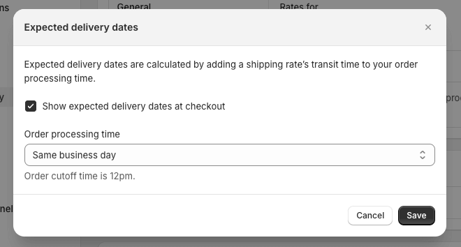 Expected delivery dates on shipping and delivery section on Shopify admin settings