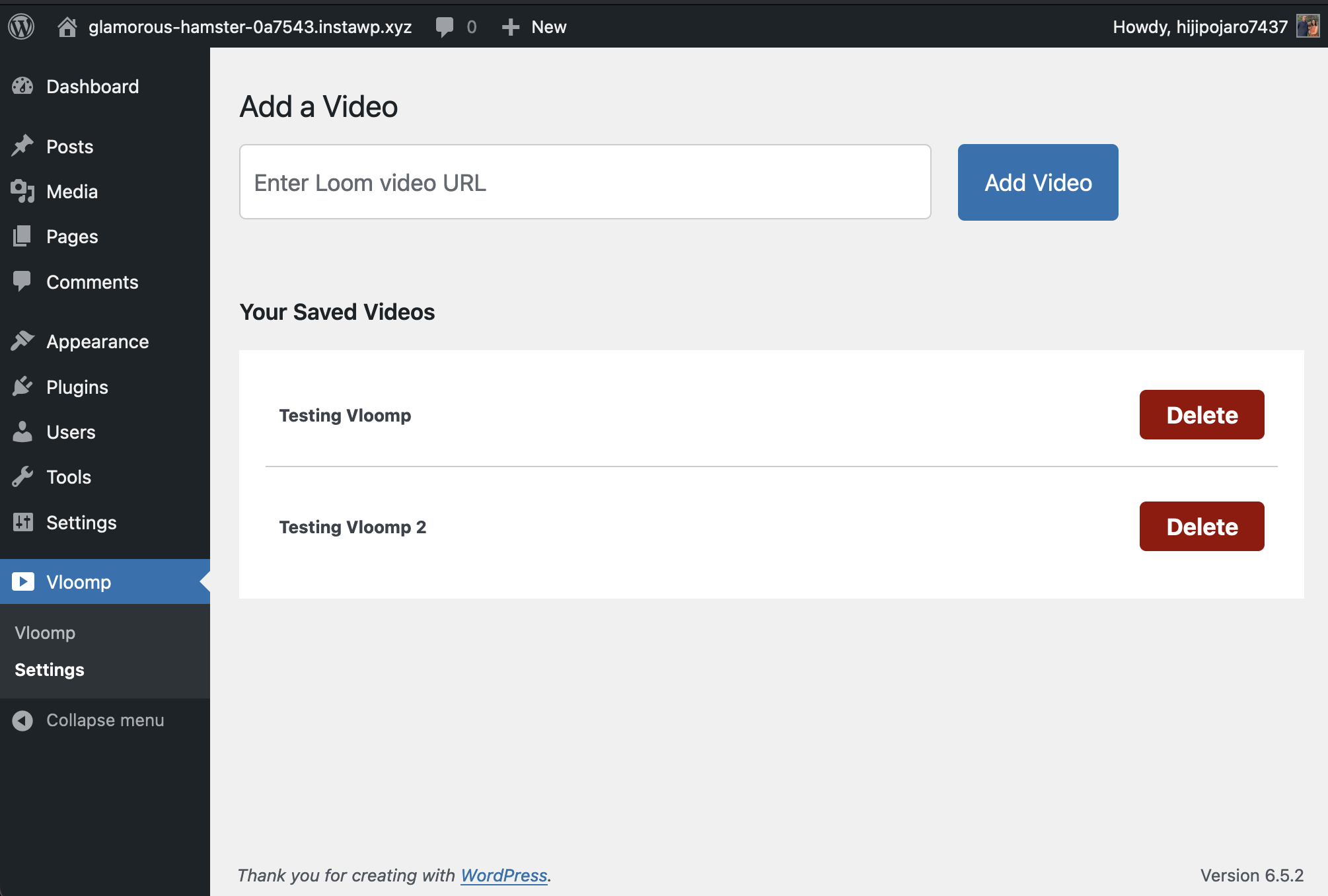 This area of the WordPress backend displays the settings for Vloomp for adding videos